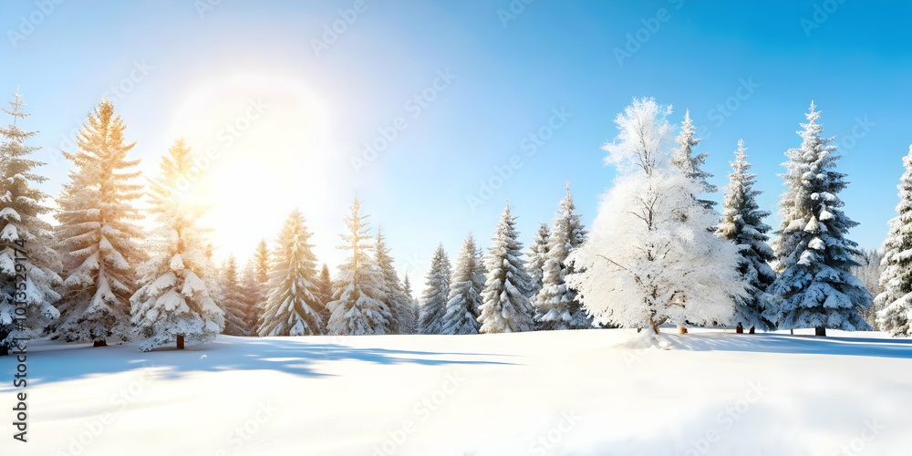 Fototapeta premium Serene Flat Glossy Winter Forest with Snow-Covered Trees: Perfect Background for Text in Winter Promotions