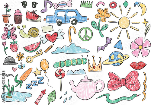 colored pencil crayon fun cute kid colorful doodle set badge, scribble line flower, heart. rainbow background. Hand-drawn doodle sketch childish element set. Flower, heart, cloud children elements