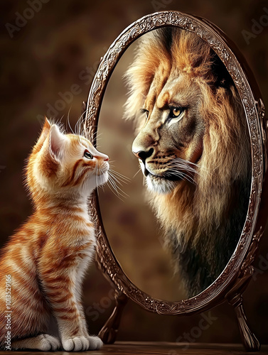 cute_kitten_looking_in_the_mirror_and_seeing_a_Lion