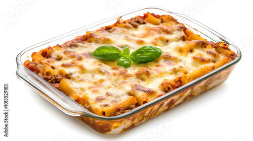 Classic Italian Lasagna in Glass Dish with Basil Garnish design