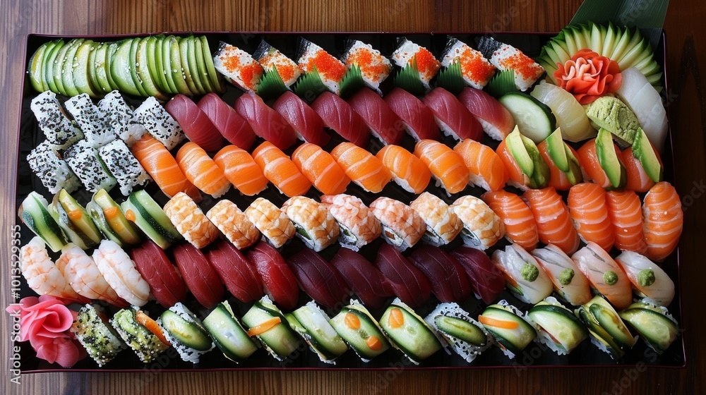 Beautifully Arranged Sushi Platter with Assorted Japanese Seafood Delicacies on Wooden Background Beautifully Arranged Sushi Platter with Assorted Japanese Seafood Delicacies on Wooden Background