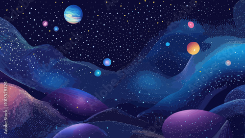 Abstract Virtual Reality Starry Sky with Planets and Stars, Space Universe Illustration, Minimalist Vector Technology Concept in Flat SVG Style