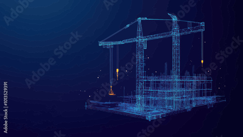 Construction Site with Crane Holding Slab, Low Poly Wireframe on Dark Blue Background, Abstract Building Process Concept