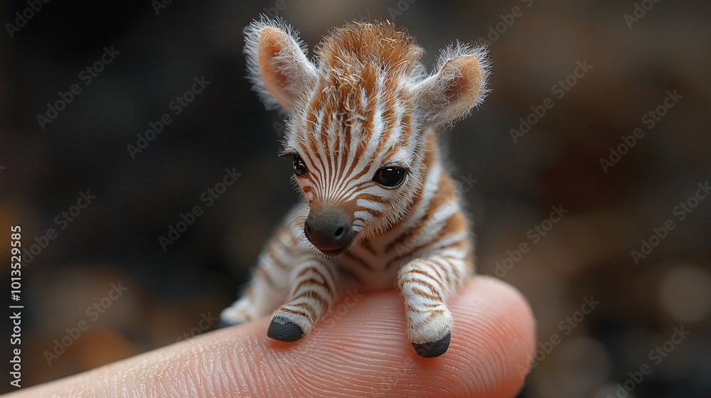Obraz premium Tiny Baby Zebra Sitting on a Human Finger