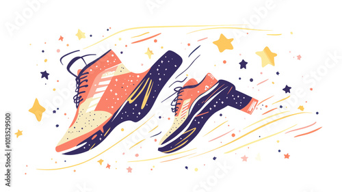 Abstract Running Sneakers on Starry Background, Minimalist Sports Vector Illustration for Fitness Enthusiasts and Athletic Gear Design Concepts
