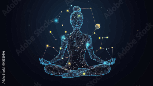 Cosmic Yogi in Lotus Pose Surrounded by Stars and Planets Abstract Vector Illustration of Meditation and Spirituality