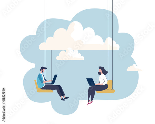 Cloud Computing Remote Work Concept, Businessman and Woman Collaborating on Company Cloud Infrastructure, Minimalist Vector