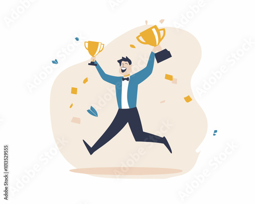 Happy Businessman Celebrating Victory by Jumping with Trophies, Success in Business Competition, Flat Minimalist SVG Vector Illustration