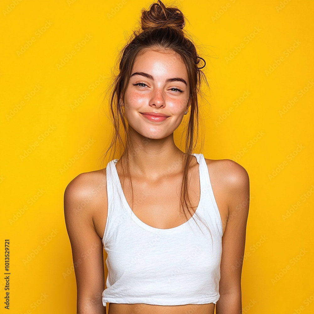 Young Woman Making Okay Symbol with Eye Wink on Yellow Background Young Woman Making Okay Symbol with Eye Wink on Yellow Background