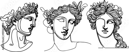 set of head of the antique goddess, line art for the design of clothing, furniture, dishes, posters and placards
