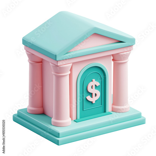 Colorful 3D illustration of a bank building featuring columns and a dollar sign on the door. Pastel colors and a playful style suitable for finance graphics. Isolated on transparent background, png.