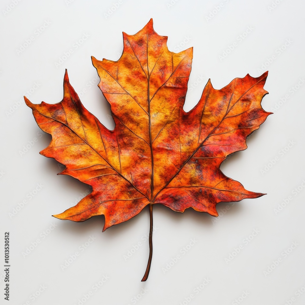 Obraz premium A vibrant 3D representation of a maple leaf in shades of orange and yellow, capturing the essence of fall with realistic textures and details, floating against a white background