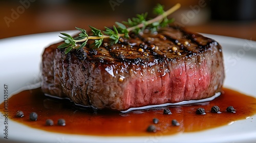 A close-up of a medium-rare Steak au Poivre, with rich cognac sauce flowing over the crust of cracked peppercorns, and garnished with a sprig of fresh thyme on a white plate. photo