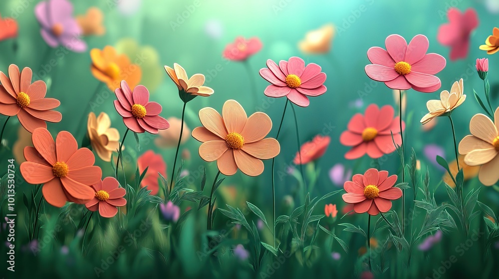 Cosmos flowers flourishing in a garden with a softly blurred backdrop Cosmos flowers thriving in a garden with a gentle bokeh background Cosmos flowers flourishing in a garden with a softly blurred backdrop Cosmos flowers thriving in a garden with a gentle bokeh background