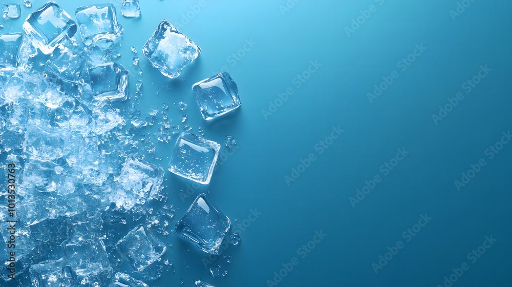 Fototapeta premium Light blue background with ice cubes, top view, mobile wallpaper, mobile phone screen wallpaper, minimalist design, high resolution, highly detailed, flat lay, flat background design