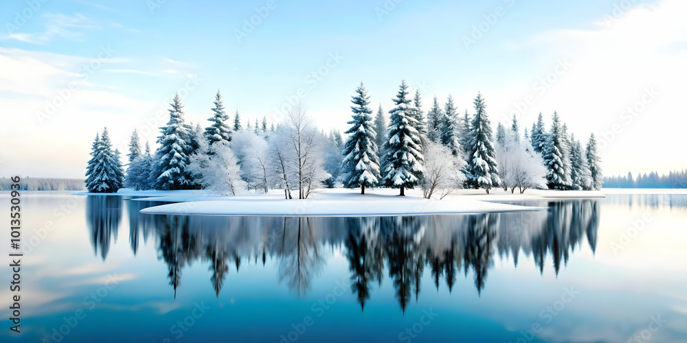 Obraz premium Flat Glossy Frozen Lake with Snow-Capped Trees and Clear Copy Space for Banners - Calm Winter Reflection in a Wide Angle Vector Illustration