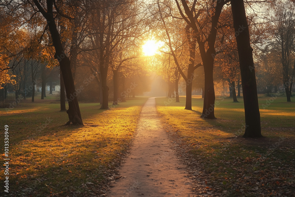 Naklejka premium Footpath in a golden autumn park at sunse, dramatic light