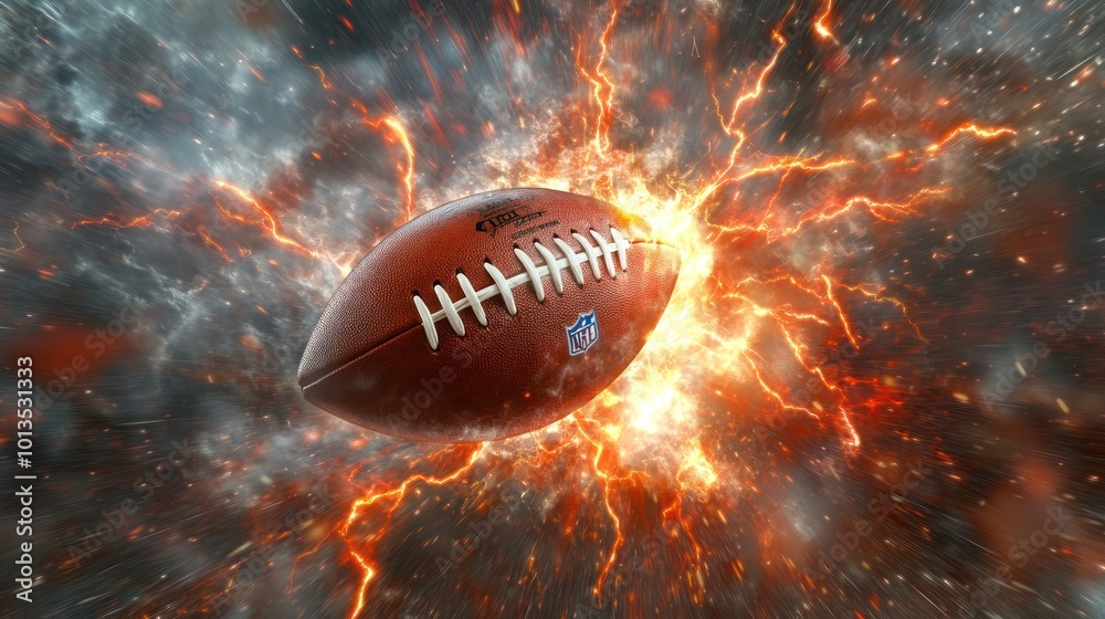A dynamic image of a football surrounded by explosive effects, emphasizing motion and energy.