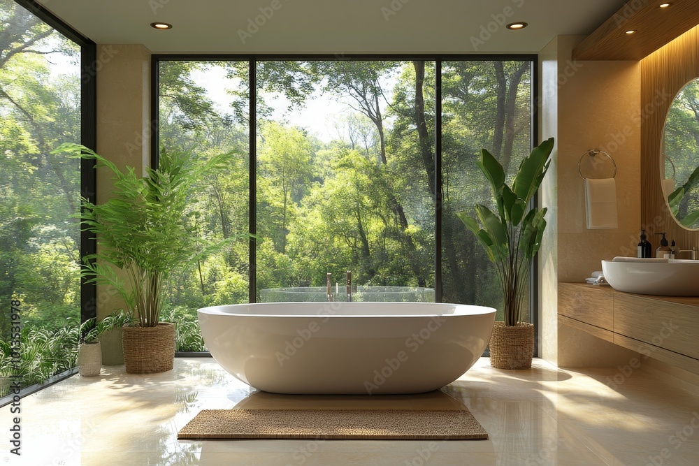 Fototapeta premium Luxury home bathroom interior with tub and shower, panoramic window, Generative AI
