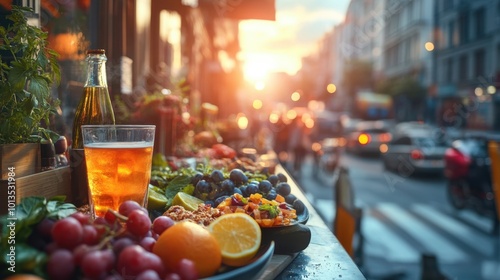 Urban Marketplace Hubbub on Bustling City Street with Outdoor Stalls.