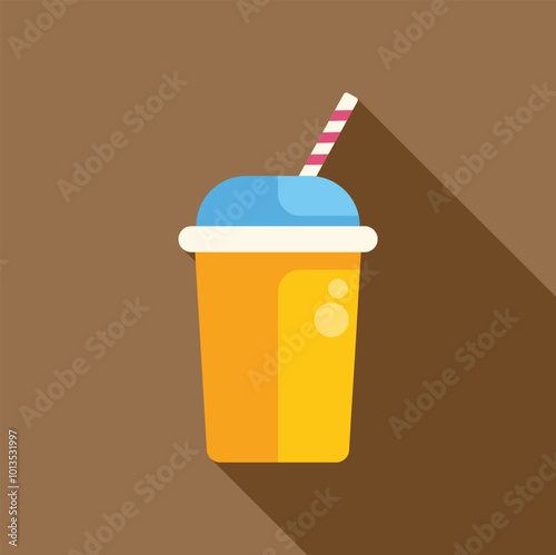 Disposable plastic cup with a straw casting a long shadow to the right, in a flat design style