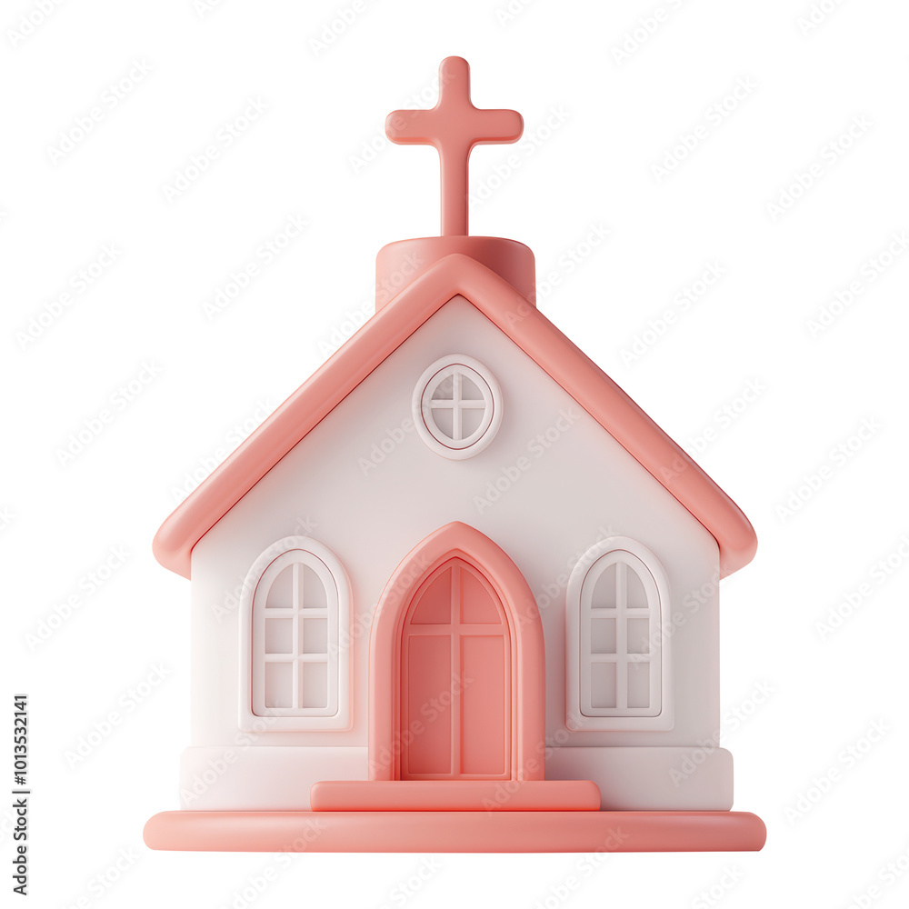 3D pink church featuring a cross on top and a circular window, charming pastel design. Suitable for religious, spiritual, or community-related themes. Isolated on transparent background, png. 3D pink church featuring a cross on top and a circular window, charming pastel design. Suitable for religious, spiritual, or community-related themes. Isolated on transparent background, png.