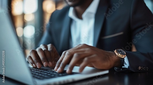 Black man typing on laptop computer, human resources. Ai illustration, Generative AI