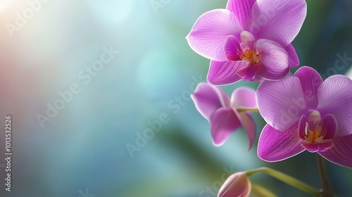 A beautiful pink orchid bloom in focus against a soft, blue, blurry background.