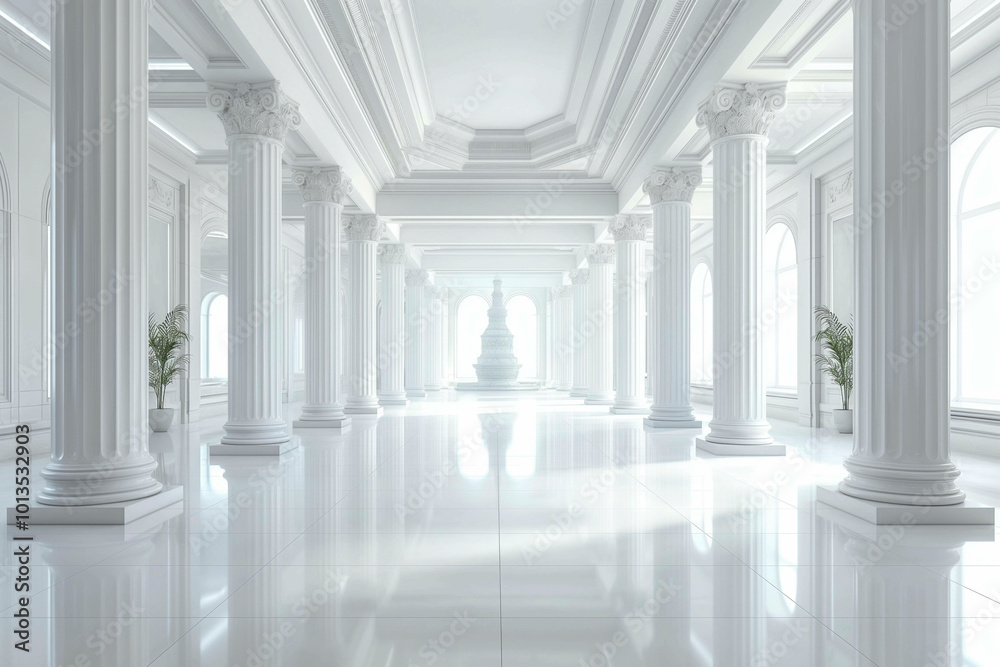 White interior of luxury lobby of modern hotel with clean shiny floor in hall and roman columns from Generative AI White interior of luxury lobby of modern hotel with clean shiny floor in hall and roman columns from Generative AI