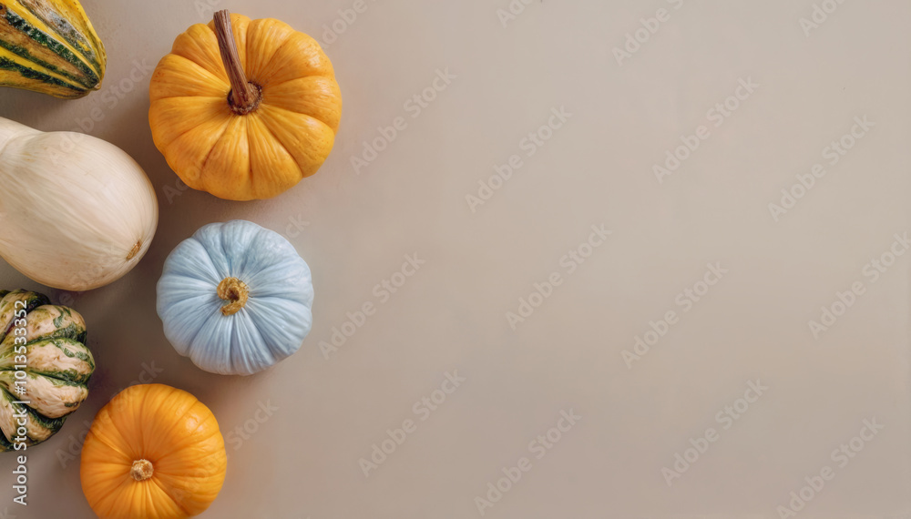 Autumn orange pumpkins on grey background. Fall, Halloween and Thanksgiving concept. Flat lay photography. Top view. Empty space for your text. Autumn orange pumpkins on grey background. Fall, Halloween and Thanksgiving concept. Flat lay photography. Top view. Empty space for your text.