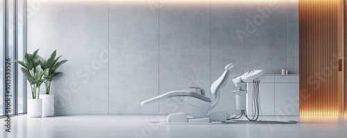 Dental chair in clinic office interior, wall mockup copy space template. Generative AI