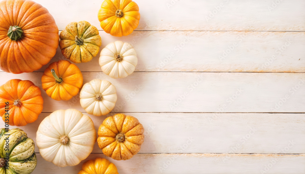 Colorful mini pumpkins arranged on a white wooden surface, perfect for autumn decor and seasonal celebrations Colorful mini pumpkins arranged on a white wooden surface, perfect for autumn decor and seasonal celebrations