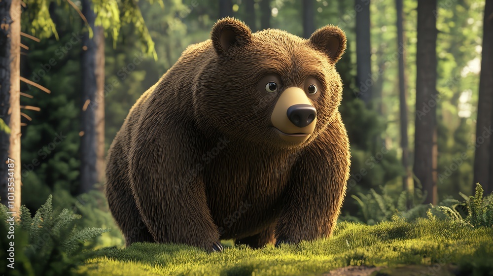 Fototapeta premium A friendly cartoon bear in a forest setting.