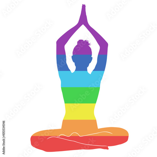 Silhouettes of girl in rainbow colors practicing meditation in lotus yoga pose. Yoga woman icons for healthy life conception.