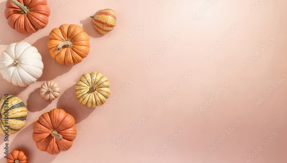Autumn composition. Pumpkins on pastel pink background. Autumn, fall, halloween concept. Flat lay, top view, square Autumn composition. Pumpkins on pastel pink background. Autumn, fall, halloween concept. Flat lay, top view, square