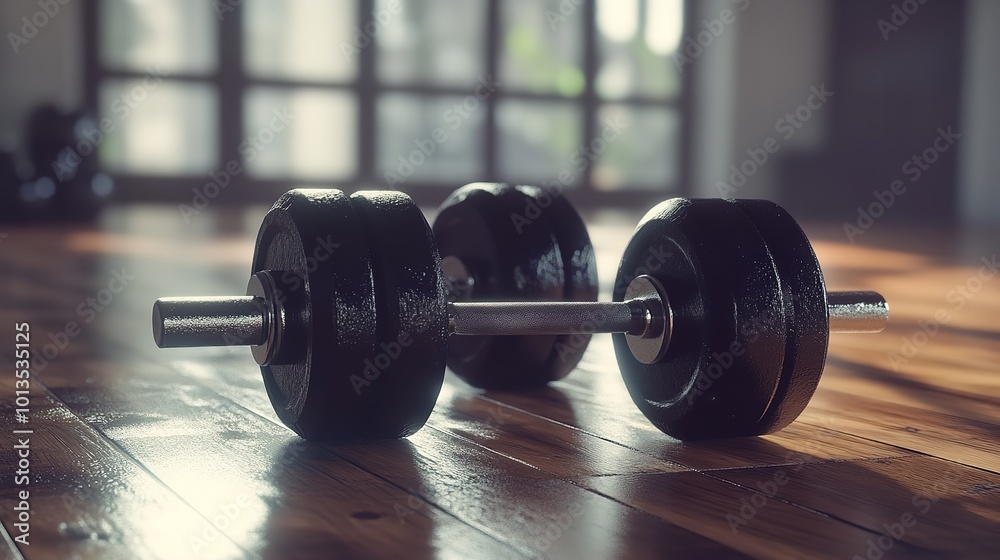 Black Dumbbells on a Wooden Floor in a Gym Black Dumbbells on a Wooden Floor in a Gym
