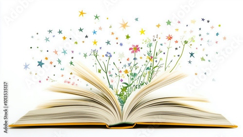 book with colorful pages, spilling out various objects like stars and flowers, isolated on a white background,