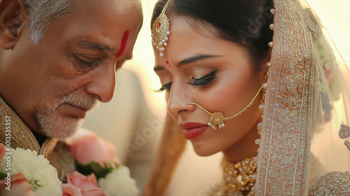 The emotional farewell of Beautiful Indian woman in a stunning wedding dress and her father  during the Bidaai, with her father wiping away tears while giving her his blessings photo