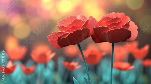 Close up view of a pair of Araxacum Officinalis against a blurred field of poppies Close up view of a pair of Araxacum plants against a blurred field of poppies photo