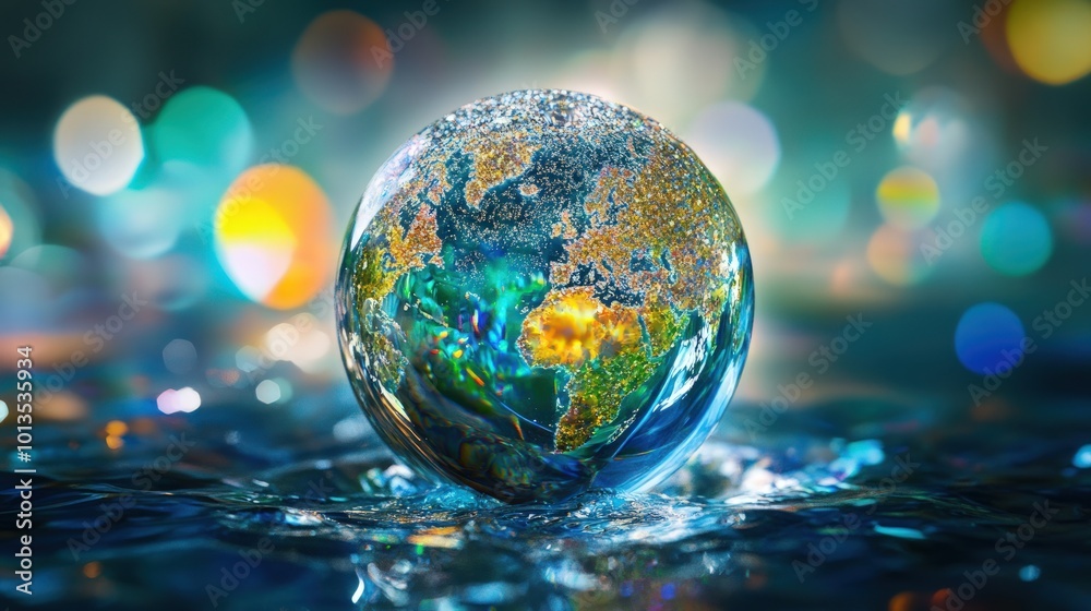 A glass globe representing the earth, floating on water with blurred colorful lights in the background.