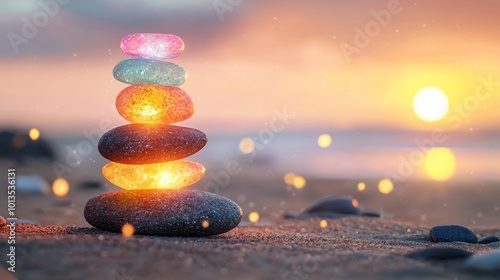 stack of stones in many pastel colors lined up on the sand at the beach.