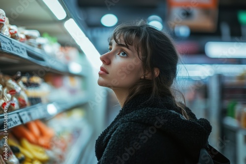 Girl looking at almost empty refrigerator in supermarket, worried expression on face, dim light, sparse display of goods in background.