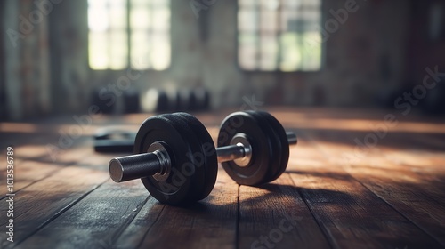 Black Dumbbells on a Wooden Floor in a Gym