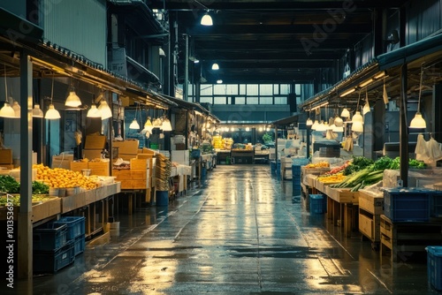 Stock photo of a quiet farmers' market with very few customers, wide shot, lighting, empty stalls in the background