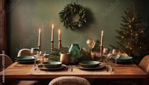 Christmas table setting with burning candles and rustic decorations