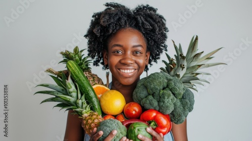 Woman joyfully holding fresh fruits and vegetables indoors