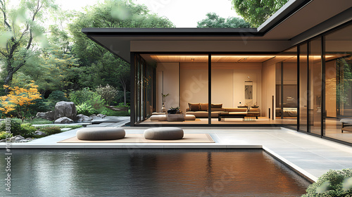 A serene 3D design of a modern Feng Shui home.