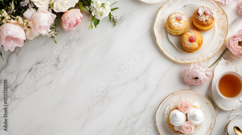 Delight in beautifully arranged table featuring pastries, flowers, and tea. elegant setup showcases sweet treats alongside fresh blooms, creating serene atmosphere