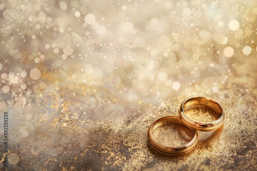 Two gold wedding rings surrounded by shimmering glitter and bokeh lights on a soft golden background. Generative AI