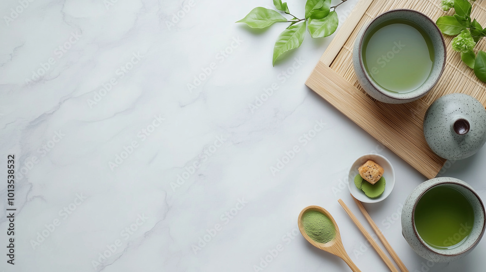 serene tea setup featuring green tea in traditional cups, bamboo mat, and matcha powder, evoking calming atmosphere serene tea setup featuring green tea in traditional cups, bamboo mat, and matcha powder, evoking calming atmosphere